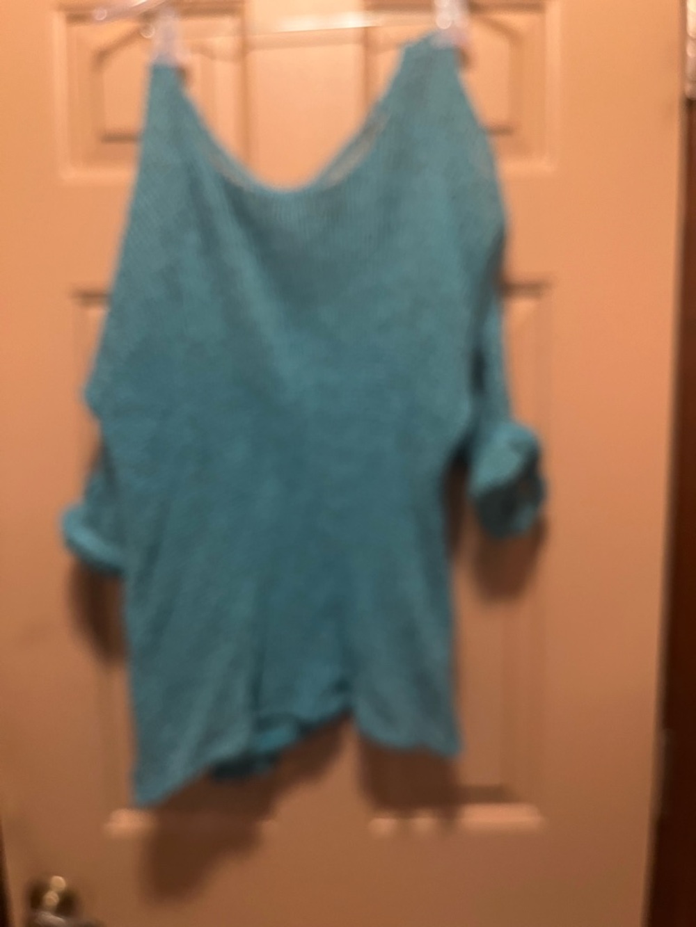 Women's Teal Open-Weave Button Tab Sleeve Sweater - Picture 2 of 3